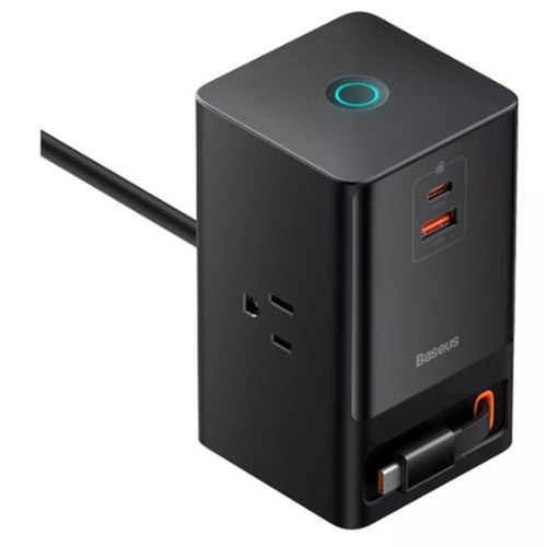Cargador de pared multicontacto Baseus PowerCombo Digital PowerStrip 3 CA,  1 puerto USB, 1 puerto tipo C, 1 cable tipo C retráctil 1.5 m, negro