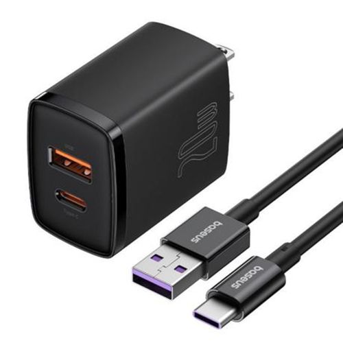 Cargador de pared dual USB y tipo-C+ cable 66W Baseus USB-A a tipo-C 20W, carga rápida, 1m, negro