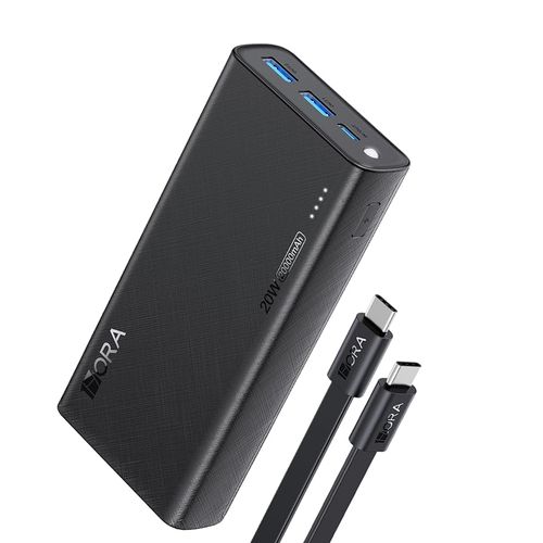 Batería portátil 1hora indicador led, 20000 mAh, 2 USB, 1 USB-C negro