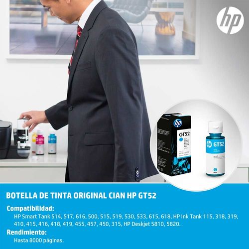 Botella de Tinta HP Gt52 Cyan rinde 8000 páginas 70ml