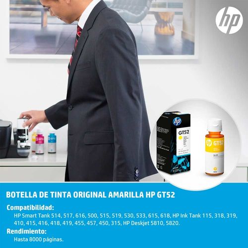 Botella de Tinta HP Gt52 Amarillo rinde 8000 páginas 70ml