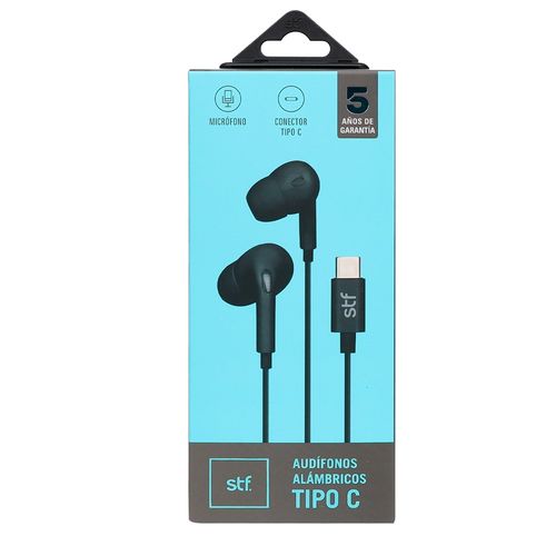 Audífonos alámbricos In ear STF Tipo C, Manos libres con micrófono Negro