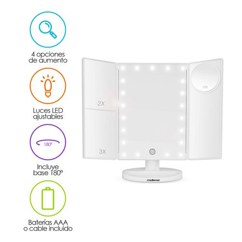 Espejo con aumento Redlemon luz LED de intensidad ajustable, base con movimiento 180°