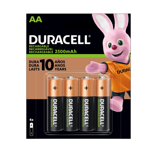 Pila Recargable AA Duracell paquete con 4 piezas, alta capacidad de carga 2500mAh