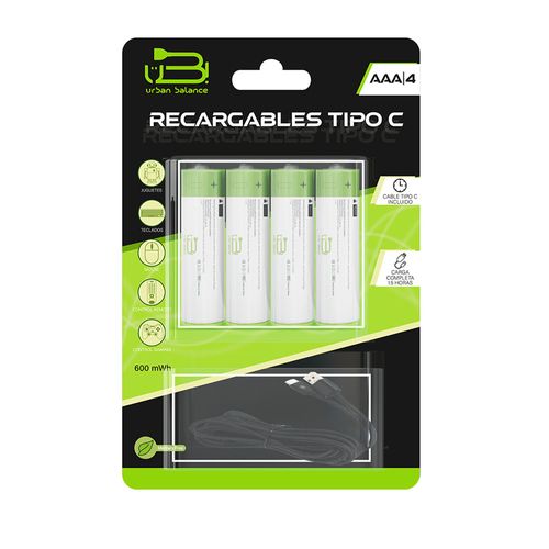 Pilas Recargables Urban Balance AAA Con Cable Tipo C De 1.5v 4 Piezas