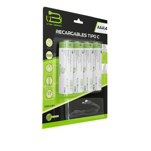 Pilas Recargables Urban Balance AAA Con Cable Tipo C De 1.5v 4 Piezas