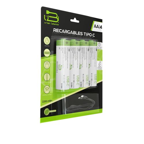 Pilas Recargables Urban Balance AA Con Cable Tipo C De 1.5v 4 Piezas