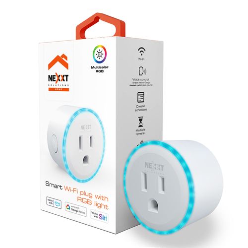 Enchufe inteligente Nexxt NHP-S610 WiFi, Anillo de luz LED RGB, control remoto app Nexxt Home, control de voz Alexa, Siri, Ok Google, blanco