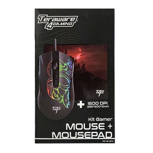Kit: Mouse alámbrico T4G conexión cable USB, 1600 dpi, 4 botones, negro + MousePad
