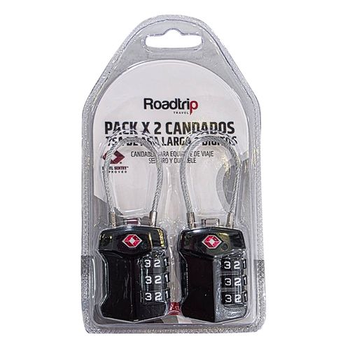 Pack x2 candados TSA Roadtrip asa alargada, combinación de 3 cifras, inspección sin daños TSA, uso en mochilas y maletas grandes, negro