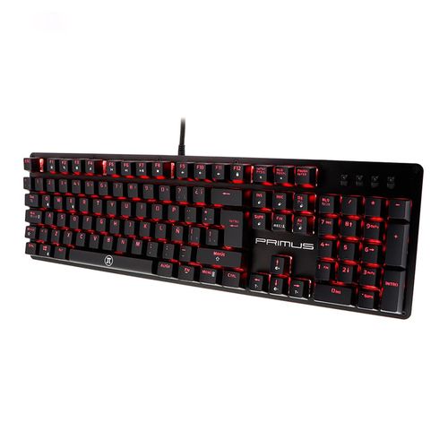 Teclado gamer Primus Ballista 100T mecánico, switch rojo, alámbrico, 105 teclas, luces LED, distribución en español, negro