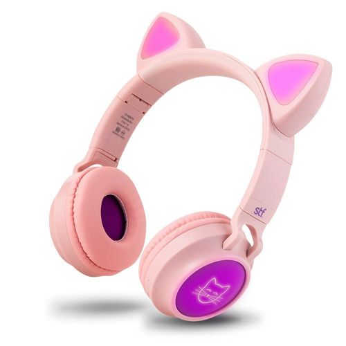 Audífonos bluetooth on ear STF Katu Orejas LED, función dual 3.5 mm, micrófono, lector microSD, máx. 20 horas, control de música y llamadas, rosado