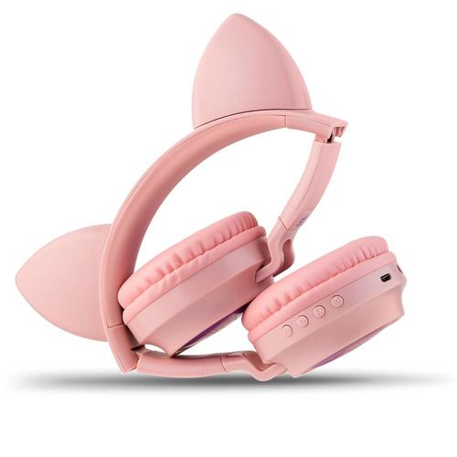 Audífonos bluetooth on ear STF Katu Orejas LED, función dual 3.5 mm, micrófono, lector microSD, máx. 20 horas, control de música y llamadas, rosado