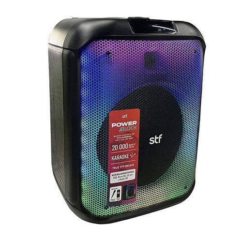 Bocina inalámbrica portátil STF Power Block torre bluetooth, 12", 40W, karaoke, micrófono, LED RGB, 4h batería, True Wireless, control remoto, negro