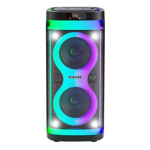 Bocina torre Aiwa AWPOH4D 600W PMPO, con Bluetooth, luces LED, TWS, USB, SD, AUX y función karaoke, batería recargable, negro