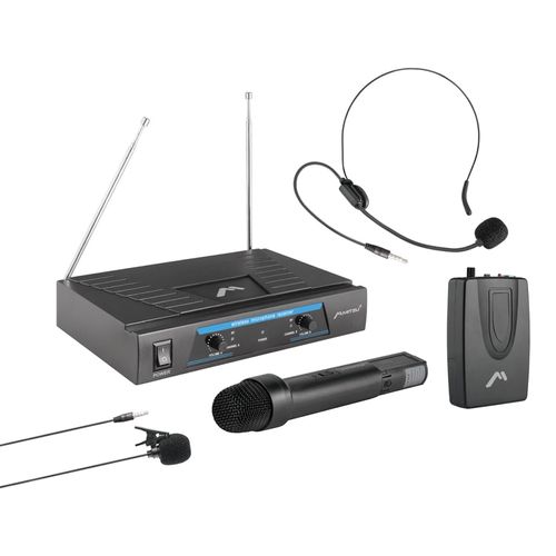 Kit 3 micrófonos inalámbricos Mitzu, de mano, solapa y diadema, VHF, 50 m de alcance, base receptora y cable 6.3 mm