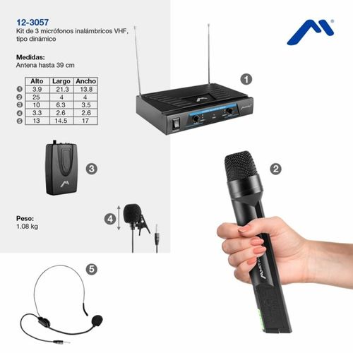 Kit 3 micrófonos inalámbricos Mitzu, de mano, solapa y diadema, VHF, 50 m de alcance, base receptora y cable 6.3 mm