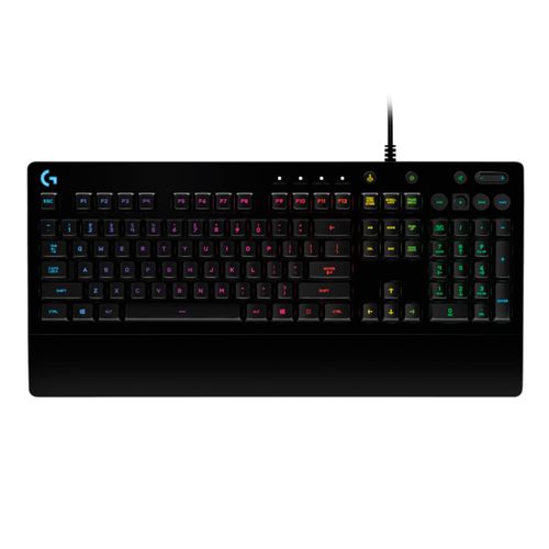 Teclado gamer Logitech G213 Prodigy mecánico, alámbrico, RGB LightSync, controles multimedia, resistente al agua, conexión USB, negro