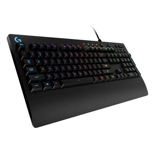 Teclado gamer Logitech G213 Prodigy mecánico, alámbrico, RGB LightSync, controles multimedia, resistente al agua, conexión USB, negro