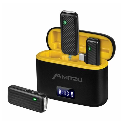 Set de micrófonos Mitzu de solapa 12-8050, inalámbricos con base cargadora, alcance 40 m, reducción de ruido DSP, batería recargable