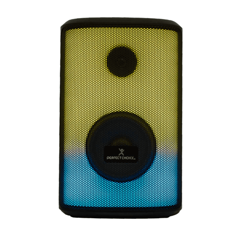 Bocina bluetooth Perfect Choice Rampage, 30W, luz frontal RGB, IPX5, batería 12h, Power Bank, entrada micrófono, negro