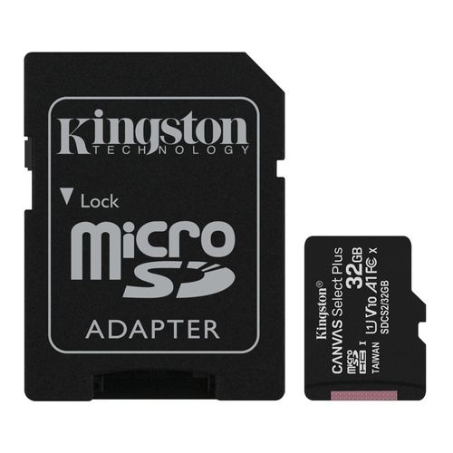 Memoria MicroSDHC Kingston Canvas Select Plus 32GB, Clase 10 U1, velocidad 100MB/s lectura, uso en smartphones y cámaras, con adaptador, negro