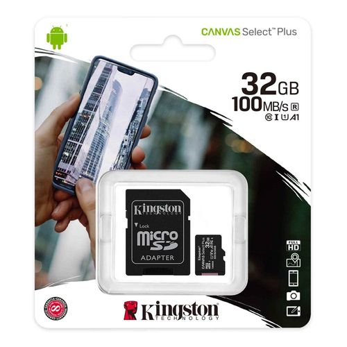 Memoria MicroSDHC Kingston Canvas Select Plus 32GB, Clase 10 U1, velocidad 100MB/s lectura, uso en smartphones y cámaras, con adaptador, negro