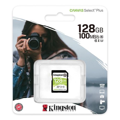 Tarjeta SD Kingston Canvas Select Plus 128GB, velocidad de lectura 100MB/s, Clase 10 U1, para cámaras y celulares