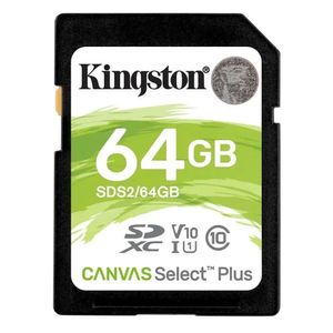 Tarjeta SD Kingston Canvas Select Plus 64GB, Clase 10 U1, velocidad de lectura 100MB/s, ideal para cámaras y celulares, grabación HD