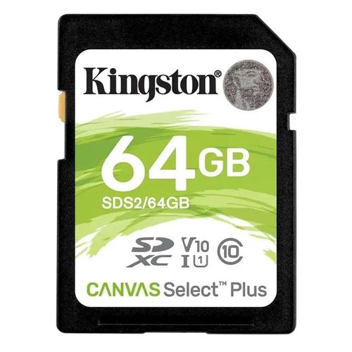 Tarjeta SD Kingston Canvas Select Plus 64GB, Clase 10 U1, velocidad de lectura 100MB/s, ideal para cámaras y celulares, grabación HD