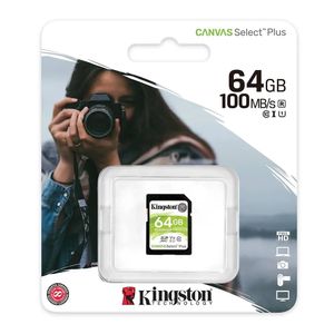 Tarjeta SD Kingston Canvas Select Plus 64GB, Clase 10 U1, velocidad de lectura 100MB/s, ideal para cámaras y celulares, grabación HD