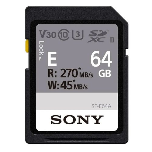 Tarjeta SD Sony SF-E 64GB UHS-II, Clase 10 U3, V60, hasta 120MB/s lectura, IP57, ideal para cámaras profesionales y grabación de video en 4K