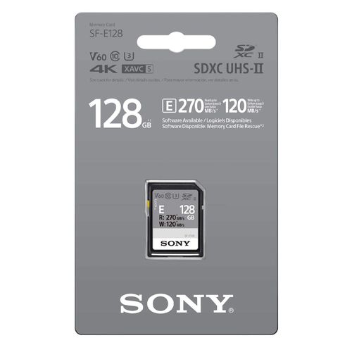 Tarjeta SD Sony SF-E 128GB UHS-II, Clase 10 U3, V60, hasta 120MB/s lectura, IP57, ideal para cámaras profesionales y grabación de video en 4K