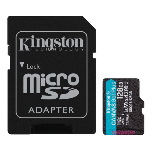 Tarjeta de memoria MicroSDXC Kingston Canvas Go Plus 128GB, A2 U3 V30, hasta 170MB/s lectura, con adaptador SD, ideal video 4K