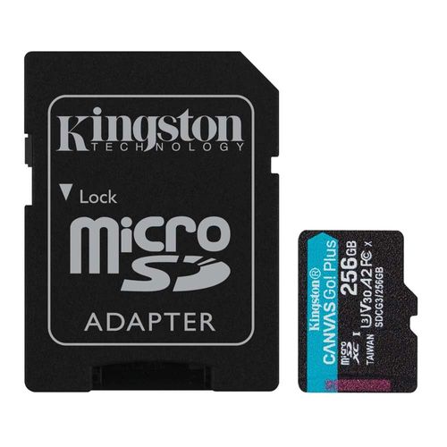 Tarjeta de memoria MicroSDXC Kingston Canvas Go Plus 256GB A2 U3 V30, 170MB/s, ideal para video 4K, cámaras de acción y drones, incluye adaptador