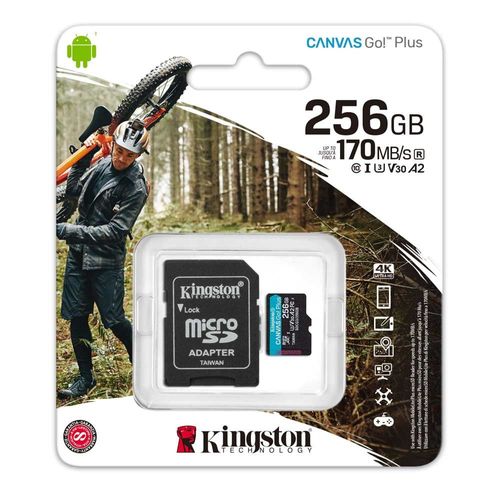 Tarjeta de memoria MicroSDXC Kingston Canvas Go Plus 256GB A2 U3 V30, 170MB/s, ideal para video 4K, cámaras de acción y drones, incluye adaptador
