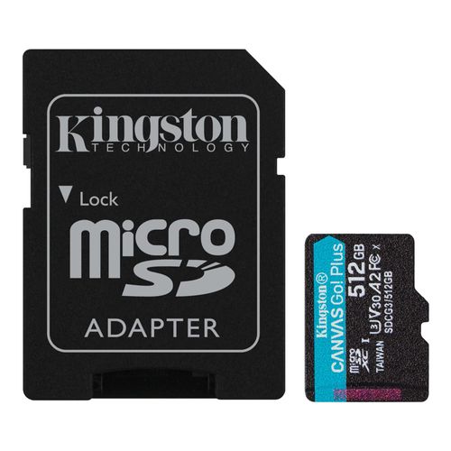 Tarjeta MicroSDXC Kingston Canvas Go Plus 512GB A2 U3 V30, lectura 170MB/s, ideal para video 4K, cámaras deportivas, drones, incluye adaptador