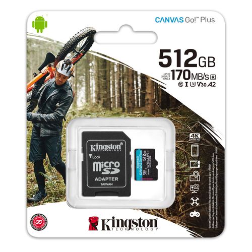 Tarjeta MicroSDXC Kingston Canvas Go Plus 512GB A2 U3 V30, lectura 170MB/s, ideal para video 4K, cámaras deportivas, drones, incluye adaptador