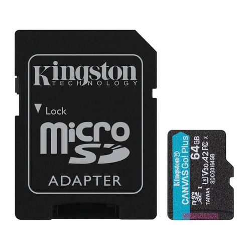Tarjeta MicroSDXC Kingston Canvas Go Plus 64GB A2 U3 V30, lectura 170MB/s, ideal para video 4K, apps móviles y cámaras de acción, incluye adaptador