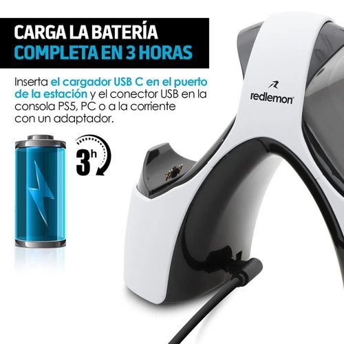 Estación de carga Redlemon para 2 mandos PS5 DualSense, carga rápida, luces LED indicadoras, sistema de protección, diseño ergonómico y práctico