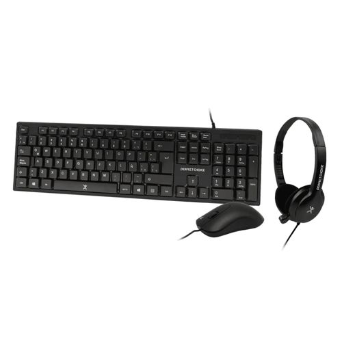 Kit de teclado, mouse y audífonos Perfect Choice PC-201717 alámbrico, USB, español, diseño compacto y ergonómico, negro