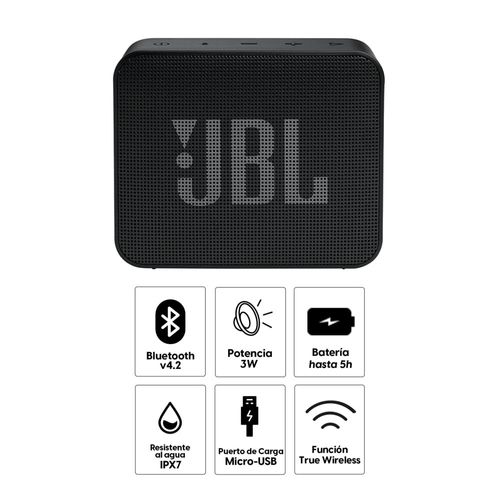 Bocina bluetooth JBL Go Essential potencia 3.1W, resistente al agua IPX7, hasta 5 horas de reproducción, negro
