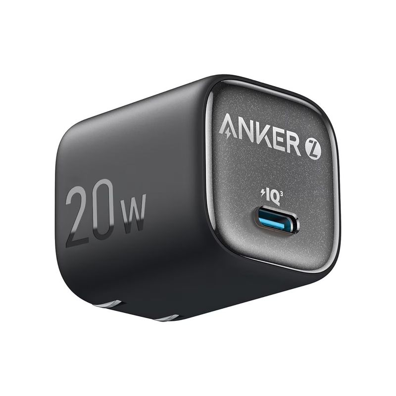 Cargador Anker USB-C 20W carga rápida seguro negro DIAGONAL