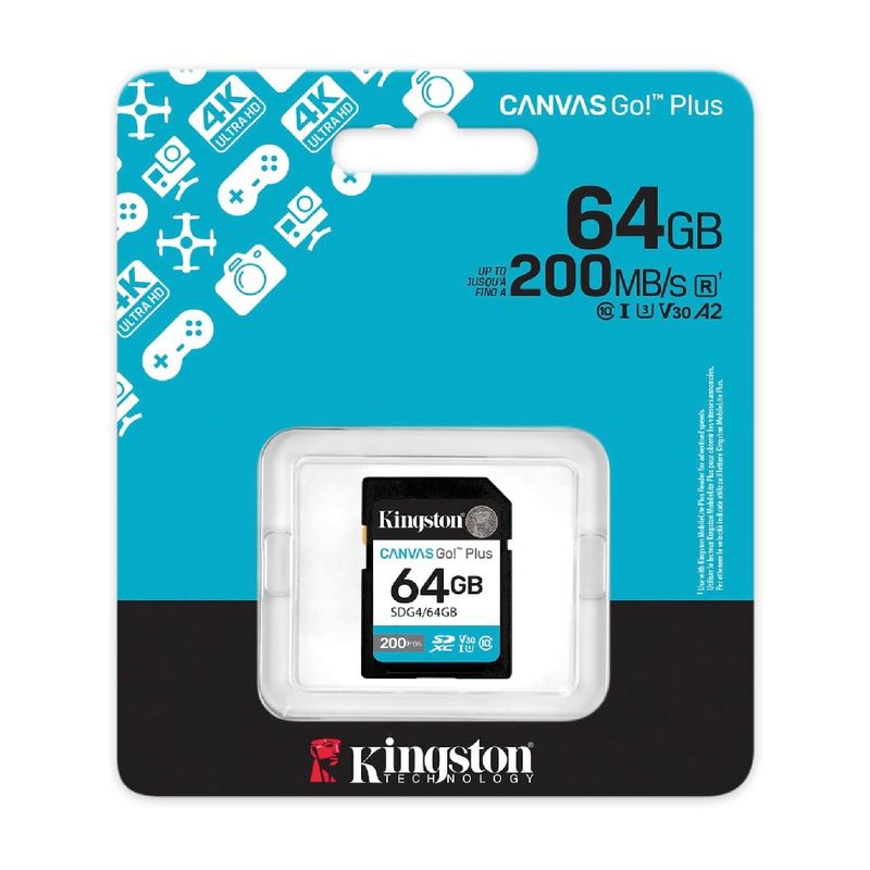 SD Kingston Canvas Go Plus 64GB Gen4 U3 V30 4K Ultra HD paquete frontal