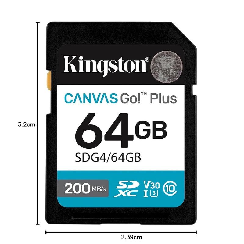 SD Kingston Canvas Go Plus 64GB Gen4 U3 V30 4K Ultra HD medidas