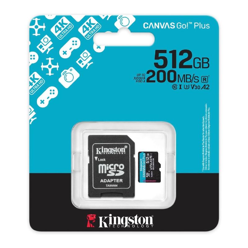 Tarjeta SD Kingston Canvas Go Plus 512GB Gen4 A2 U3 V30 4K frontal