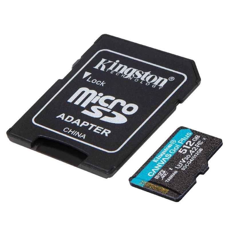 Tarjeta SD Kingston Canvas Go Plus 512GB Gen4 A2 U3 V30 4K diagonal
