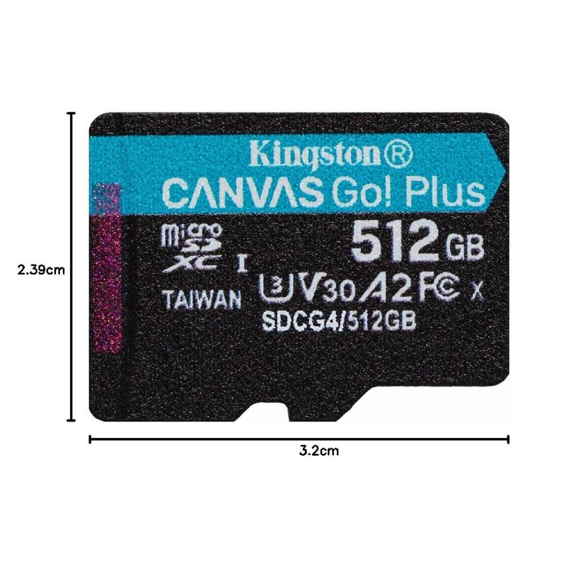 Tarjeta SD Kingston Canvas Go Plus 512GB Gen4 A2 U3 V30 4K medidas