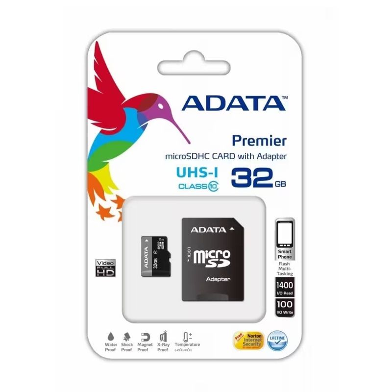 MicroSD Adata 32GB Clase 10 U1 con adaptador SD frontal