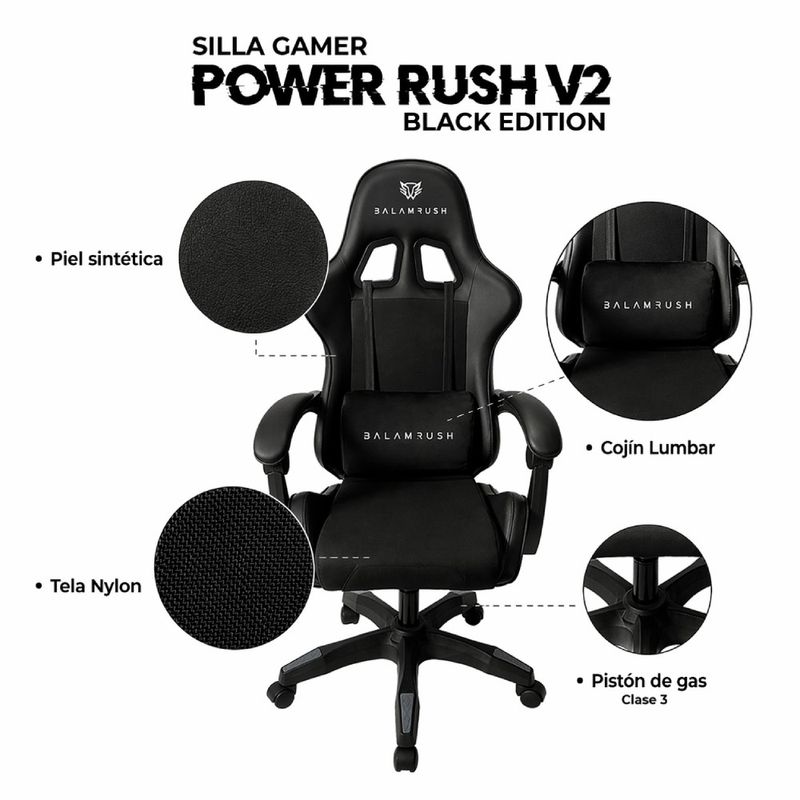 Silla Gamer Balam Rush Power Rush V2 120kg Reclinable frontal especificaciones